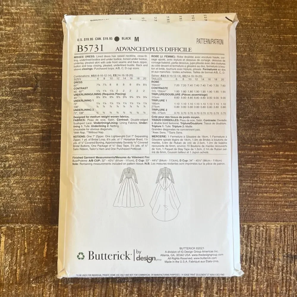 Butterick Sewing Pattern 5731 Wedding Gown Princess Kate Royal 6-14 UNCUT